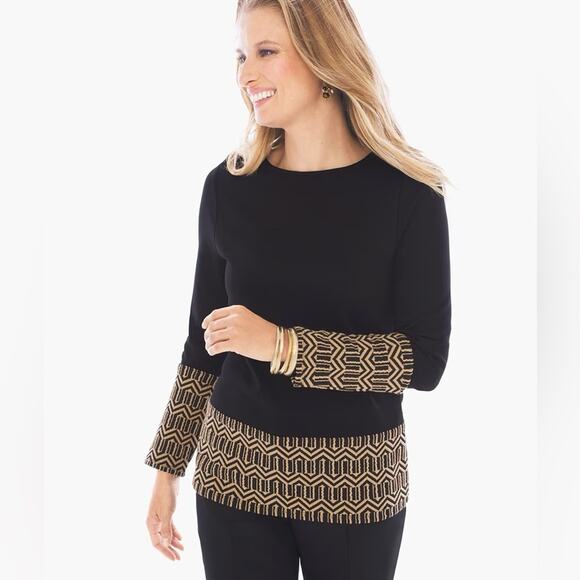 Chico's Blocked Jacquard Long Sleeve Textured Tab Shoulder Top Black Sz 3 US XL - Picture 1 of 16